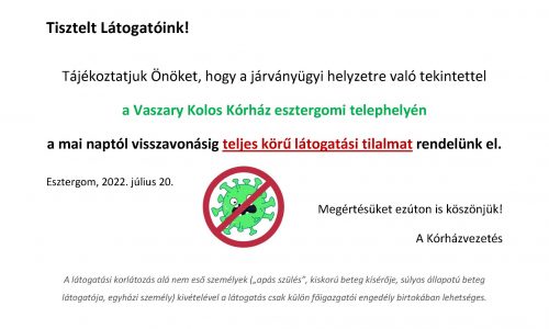 Teljeskörű látogatási tilalom lépett életbe az esztergomi Vaszary Kolos Kórházban